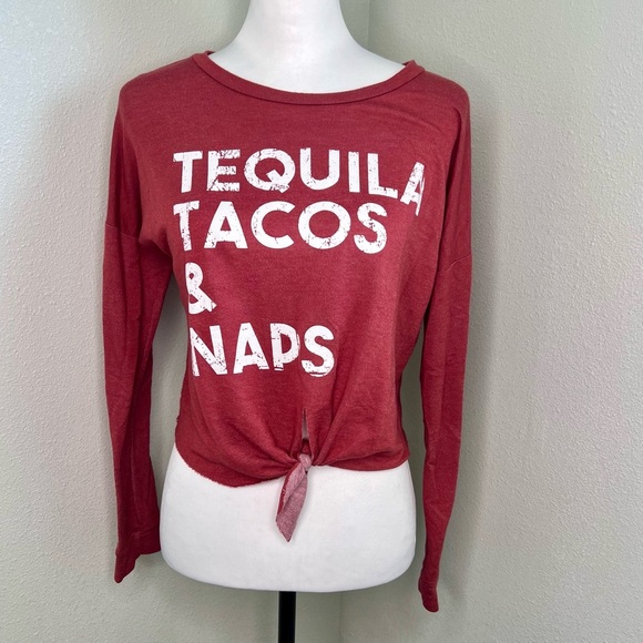 Tequila, Tacos & Naps Long Sleeve Lightweight Crop Shirt Size Small - Picture 1 of 5